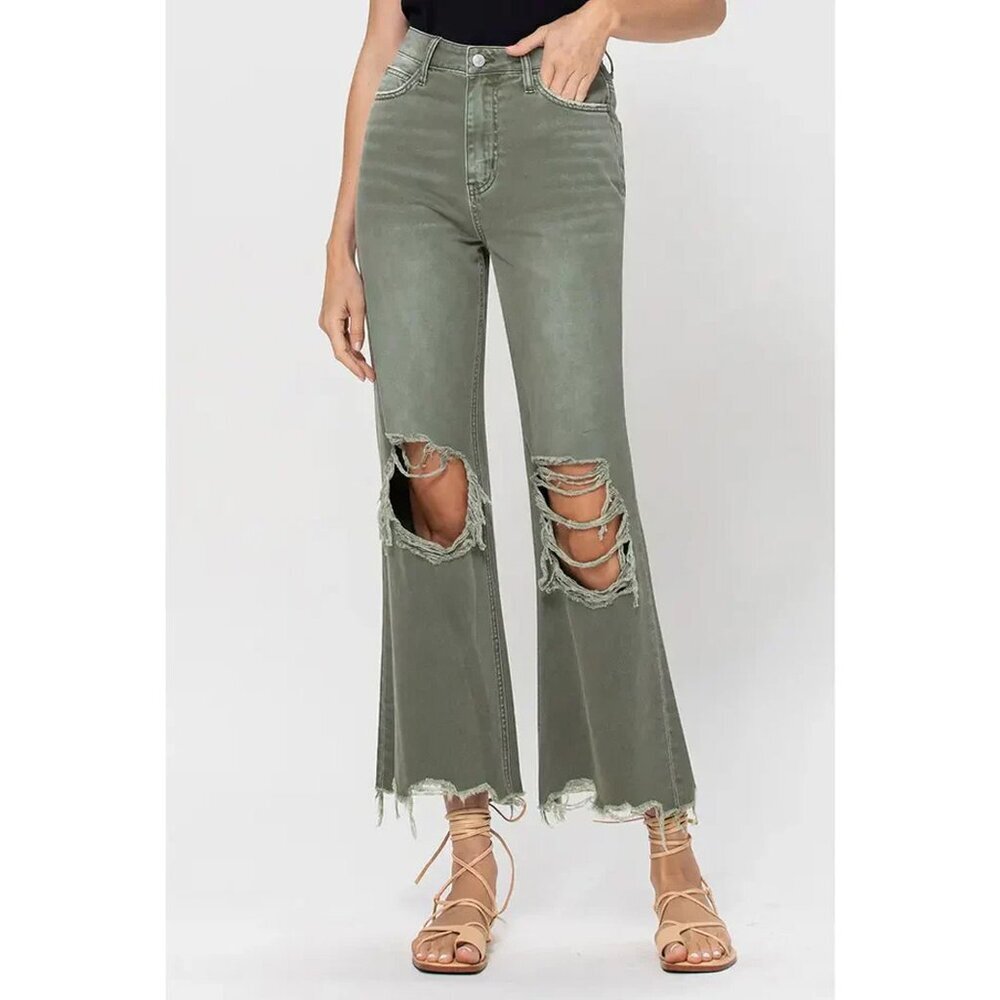VERVET BY FLYING MONKEY Olive Green Flare Wide Leg Jeans - Picture 2 of 11